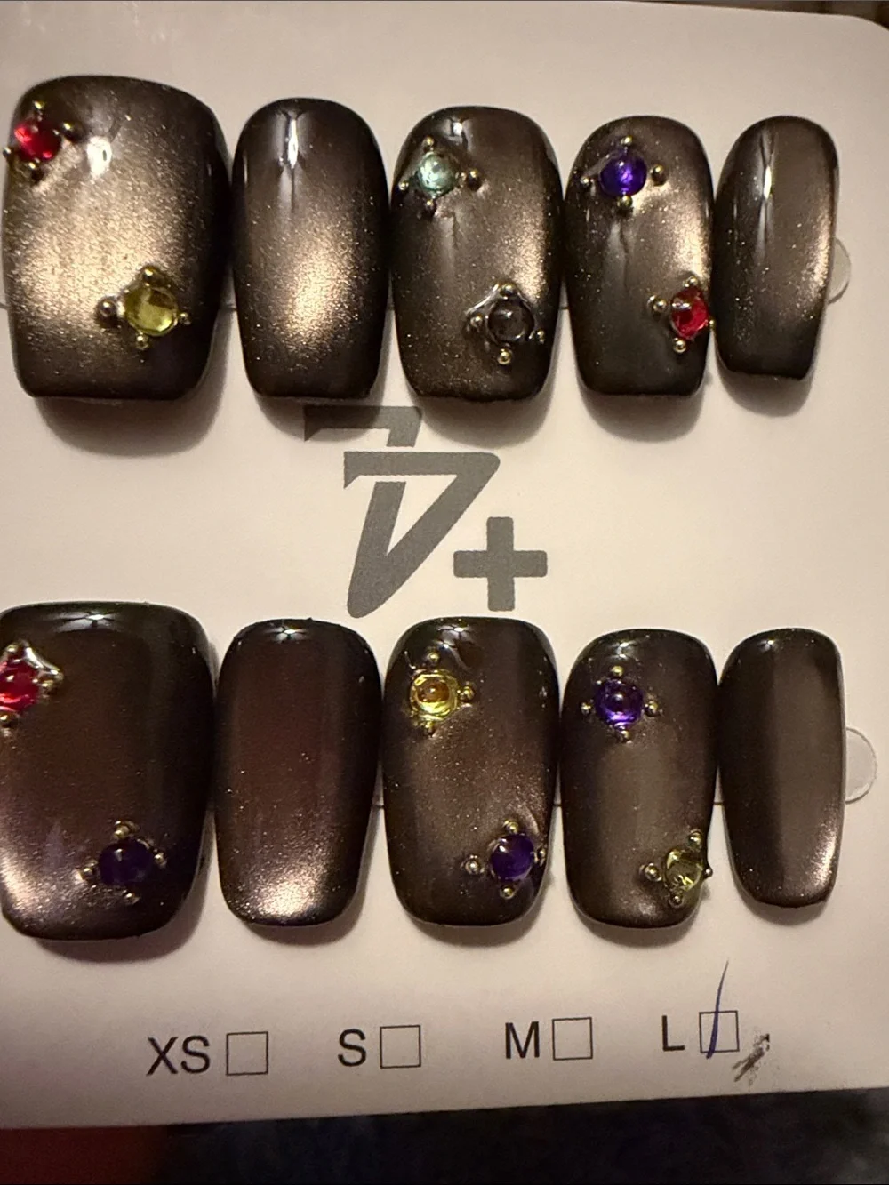 Cateye Charcoal handmade acrylic Press-On Nails with Multicolor Gems
